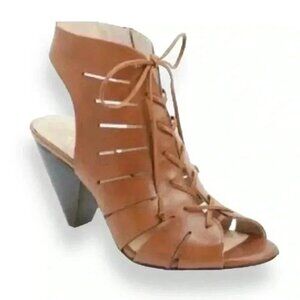 Vince Camuto Estie Leather Ankle Booties Peep Toe Heeled Lace Up Tan Brown 10